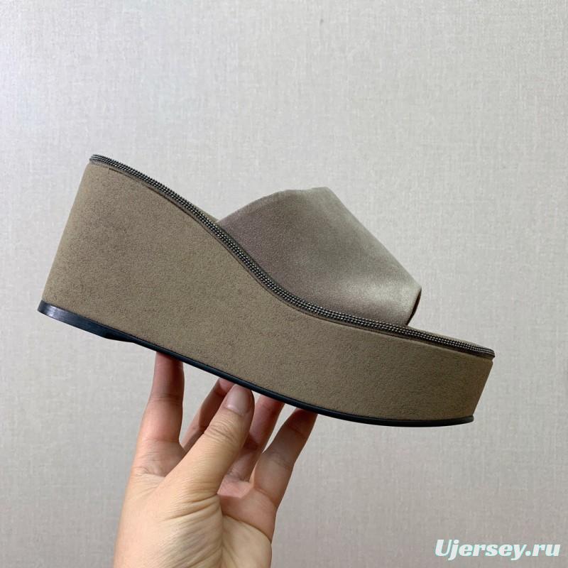 2025 Women BRUNELLO CUCINELLI Beige Suede Platform Slide Sandals Casual Handmade KFY00275 (F)