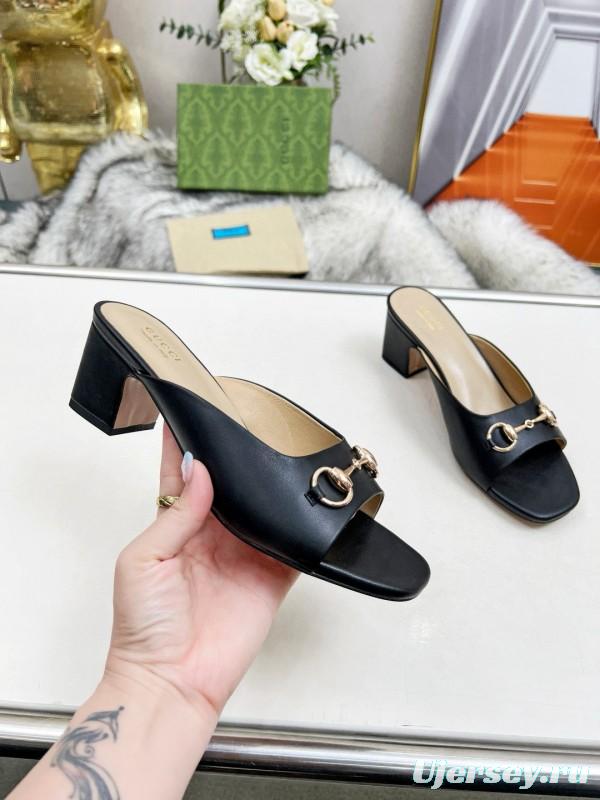 2025 Women Gucci Black Leather Mules Classic Buckle MJ00180