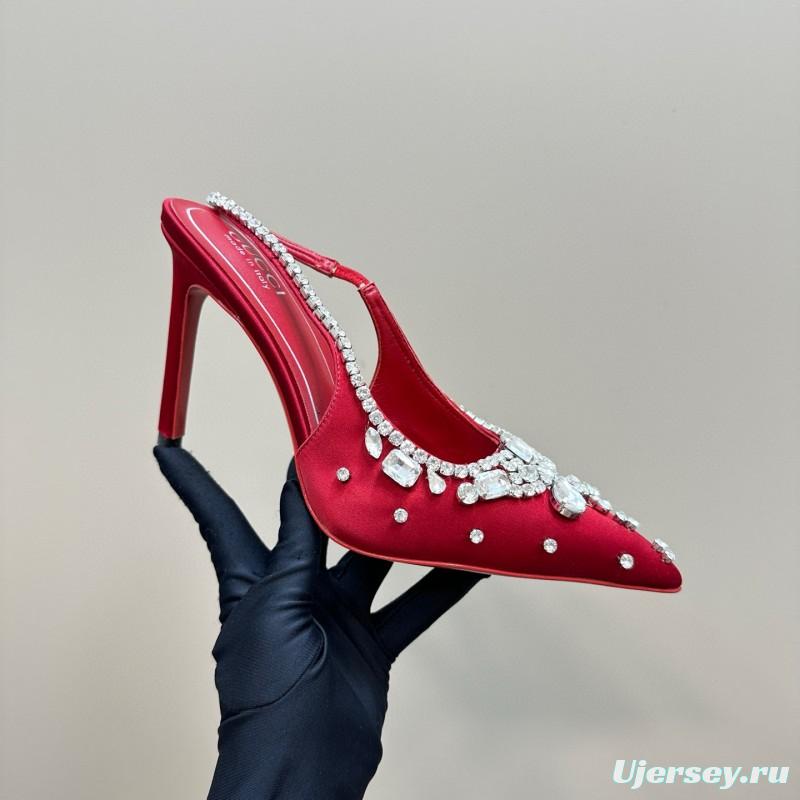 2025 Women Gucci Red Satin High Heel Slingback Crystal MJ00340