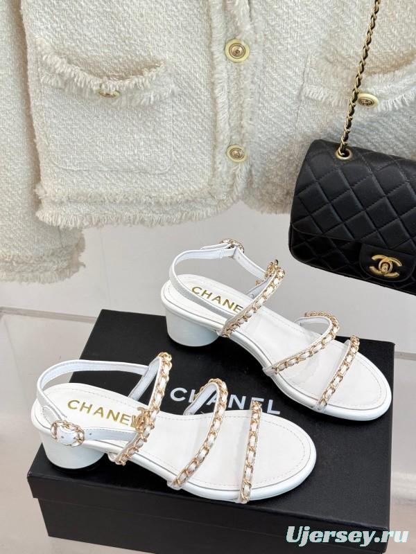 2025 Women Chanel White Leather Chain Strap Sandals