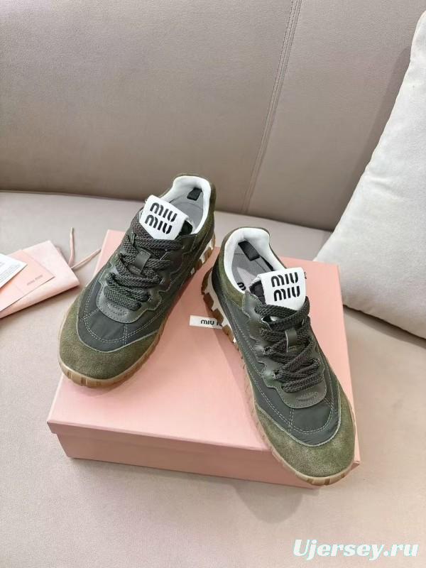 2025 Women Miu Miu Olive Green Suede Leather Sneakers KFY00280