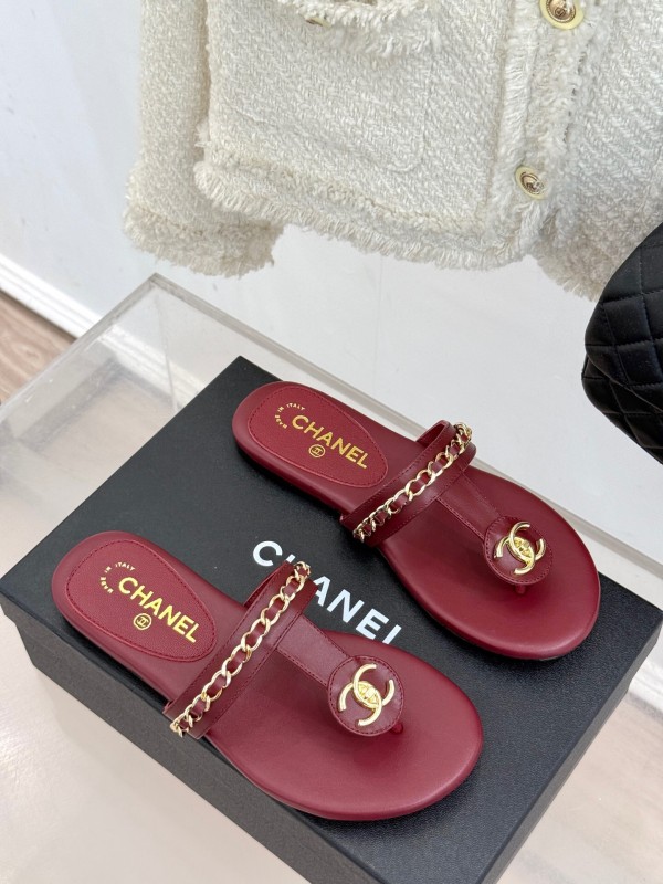 2025 Women Chanel Red Lambskin Chain Sandals KFY00250
