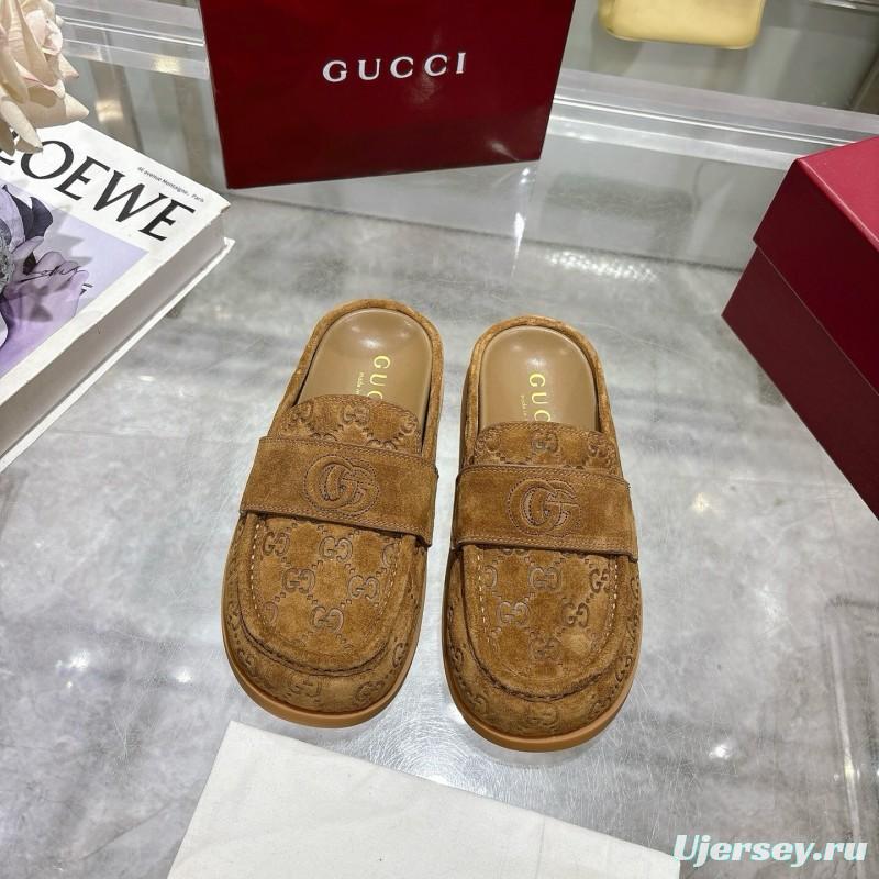 2025 Women Gucci Dark Brown Suede Loafers Embossed GG LY00270