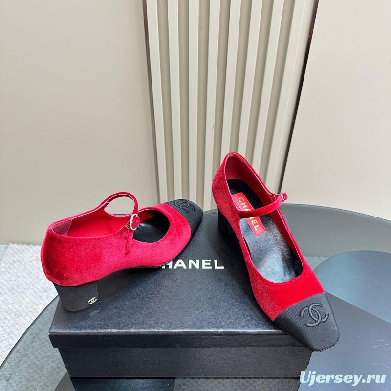 2025 Women Chanel Red Black Suede Leather Mary Jane Logo KFY00290