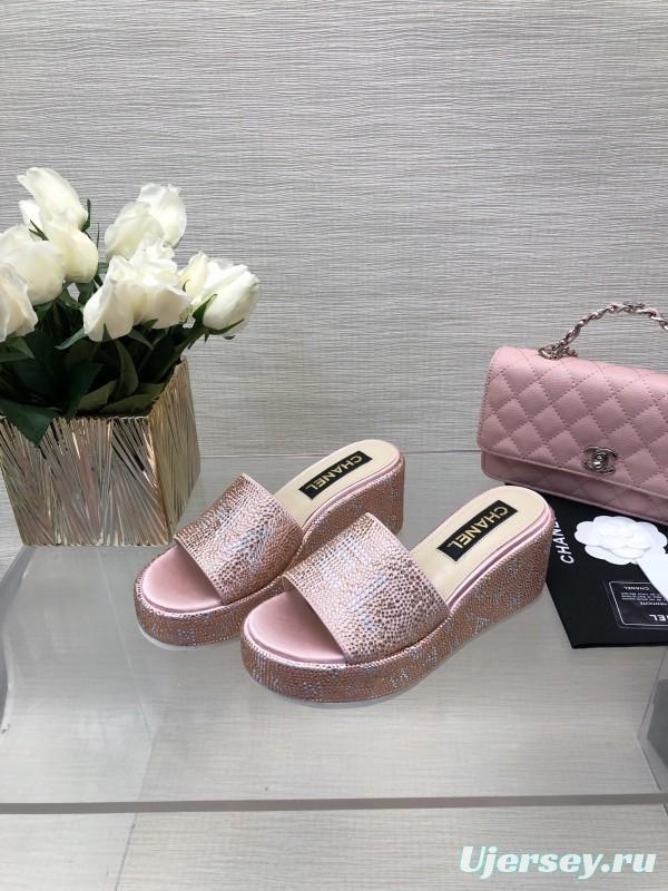 2025 Slippers Chanel Pink Rhinestone Platform Slip-On LY00320