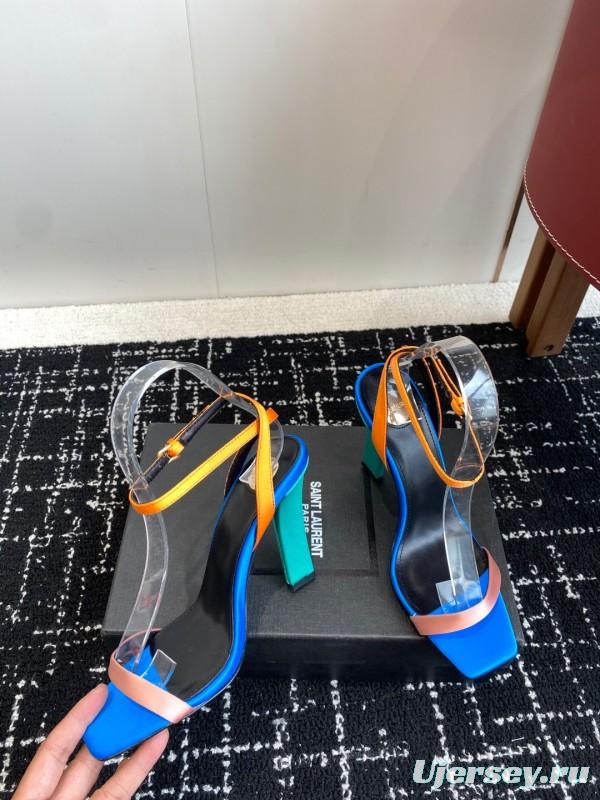2025 Women Yves Saint Laurent Blue Orange Pink Leather Suede High Heel Sandals