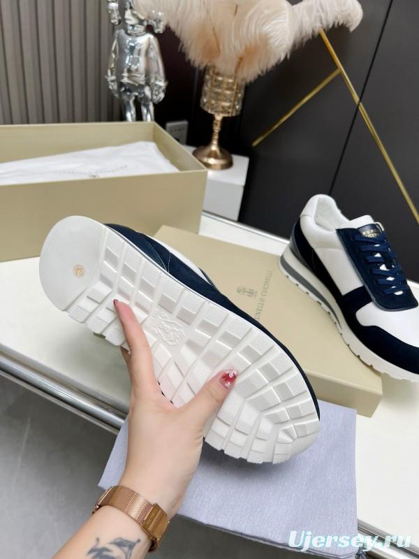 2024 Unisex Brunello Cucinelli White Navy Suede Leather Sneakers