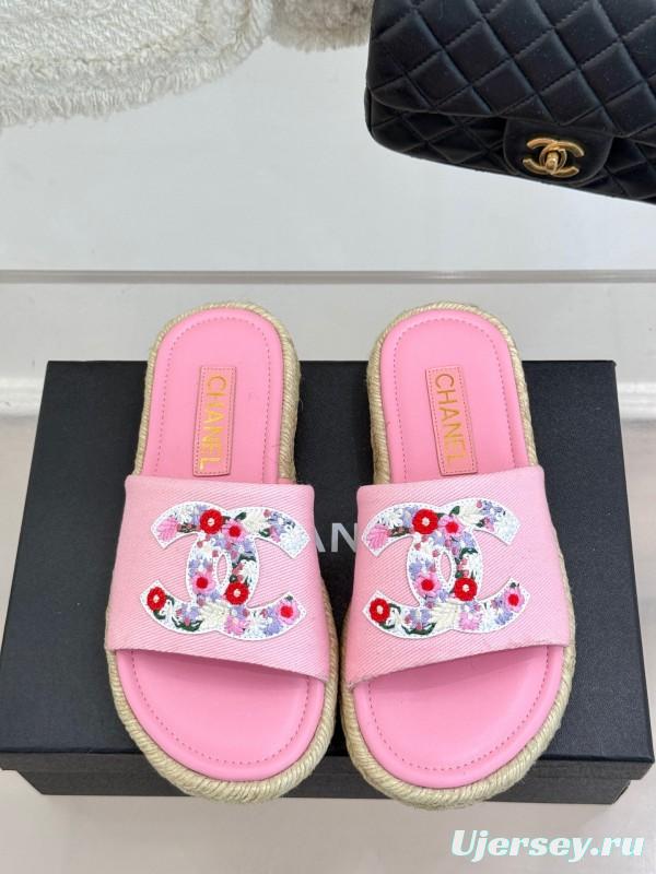 2025 Slippers Chanel Pink Canvas Embroidered KFY00230