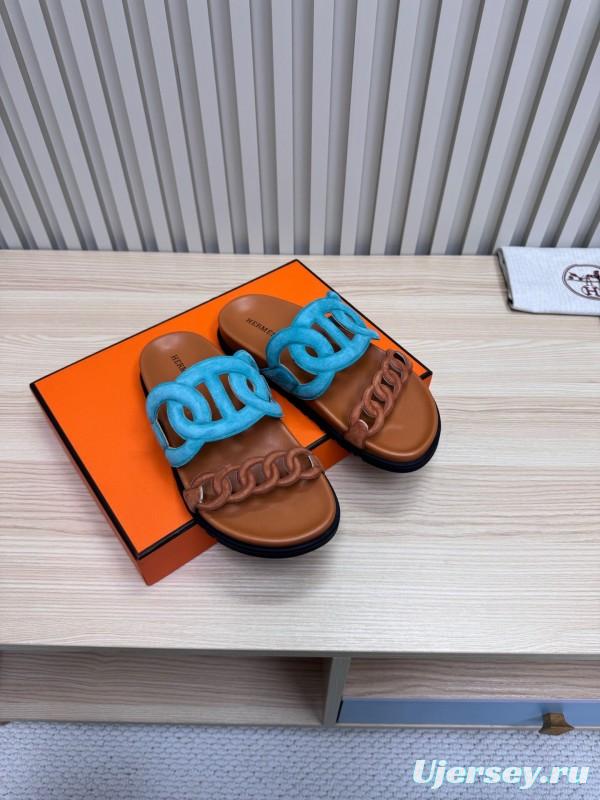 2025 Slippers Hermès Blue Brown Leather Slippers