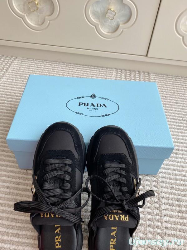 2025 Women Prada Black Nylon Leather Sneakers LY00290