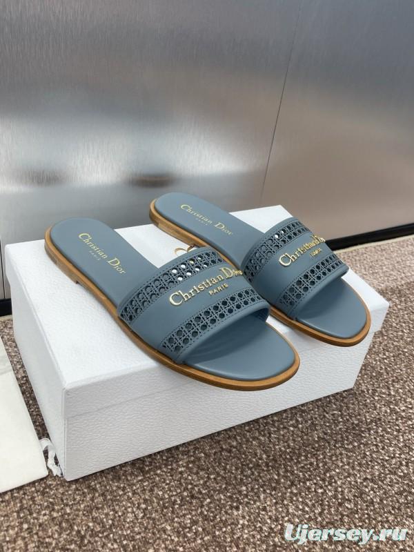 2025 Women Dior Blue Leather Slippers KFY00300