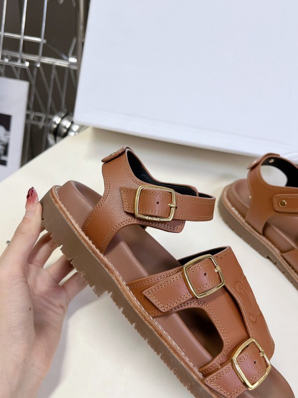 2025 Women Celine Light Brown Leather Sandals KFY00280
