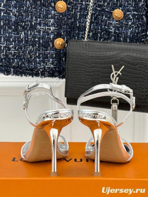 2025 Women Louis Vuitton Silver Calfskin Leather Strappy High Heel Sandals KFY00280
