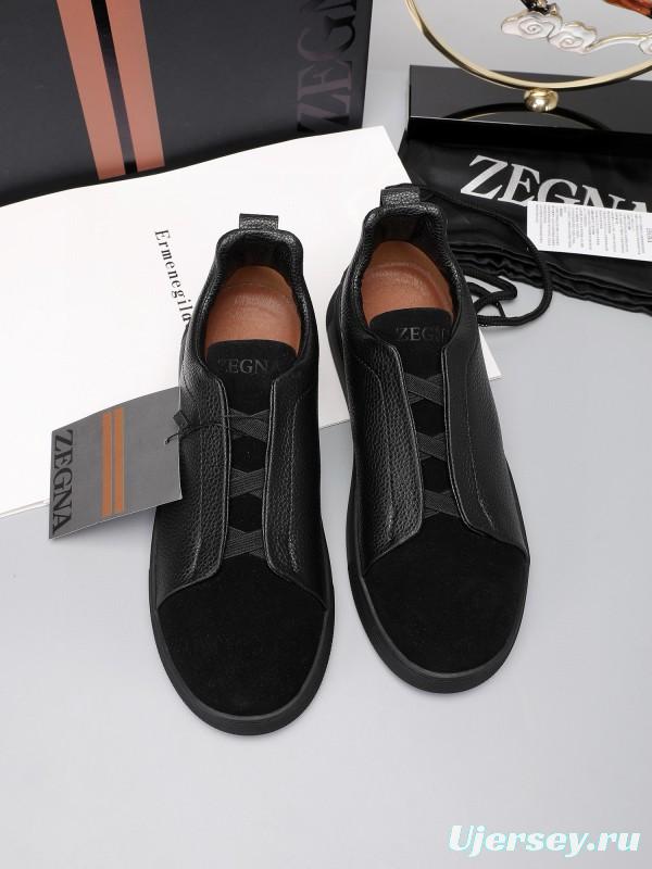 2024 Men Ermenegildo Zegna Black Leather Suede Sneakers MJ00240