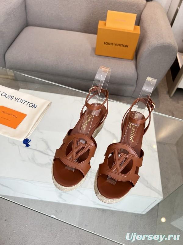 2025 Women Louis Vuitton Brown Leather Espadrille Wedge Sandals MJ00280
