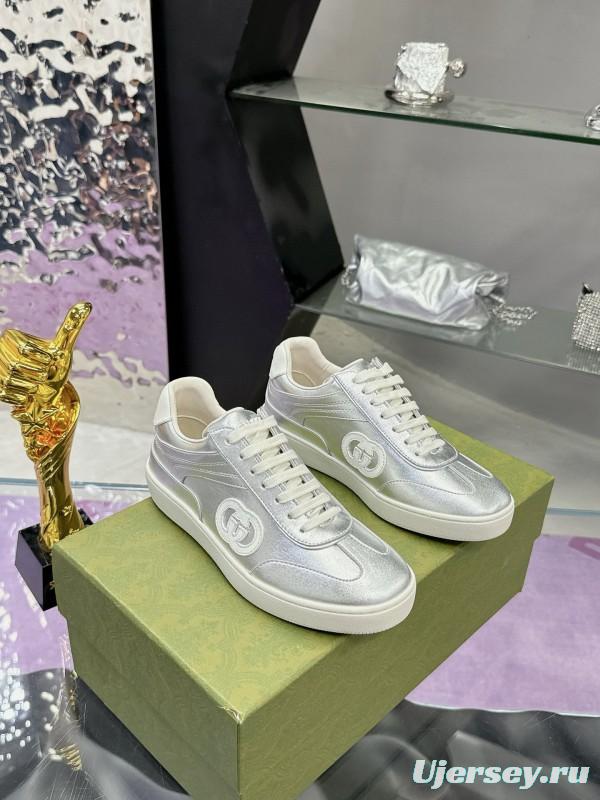 2024 Unisex Gucci Silver White Leather Suede Sneakers MJ00310