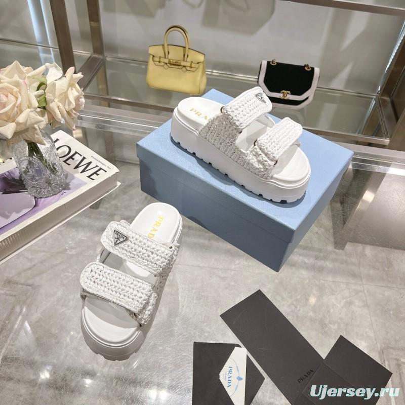 2025 Women Prada White Knit Leather Slippers