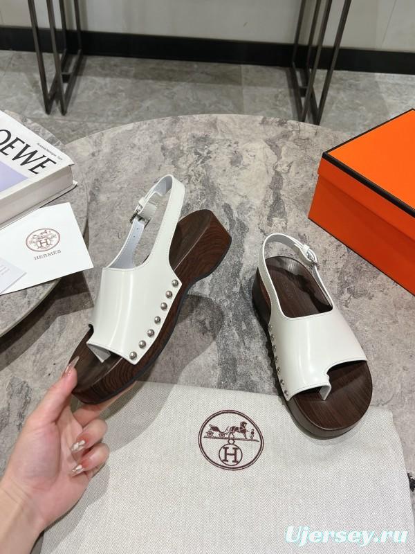 2025 Women Hermès White Leather Slippers