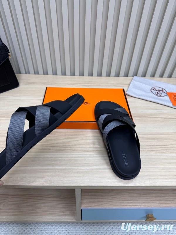 2025 Unisex Hermès Black Grey Leather Slippers