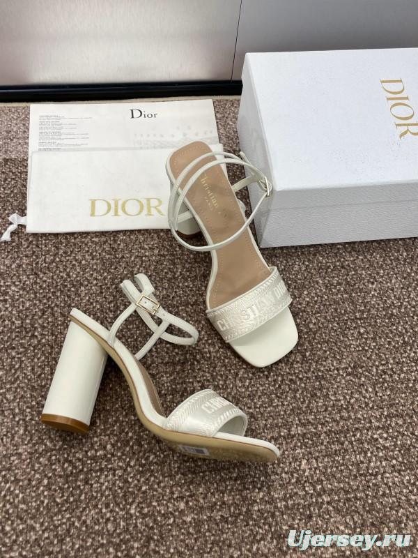 2025 Women Dior White Leather High Heel Embroidered Sandals