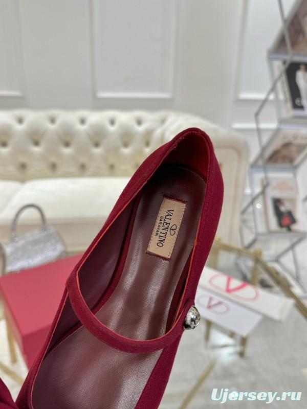 2025 Women Valentino Red Fabric Mary Jane Bow Flat LY00300