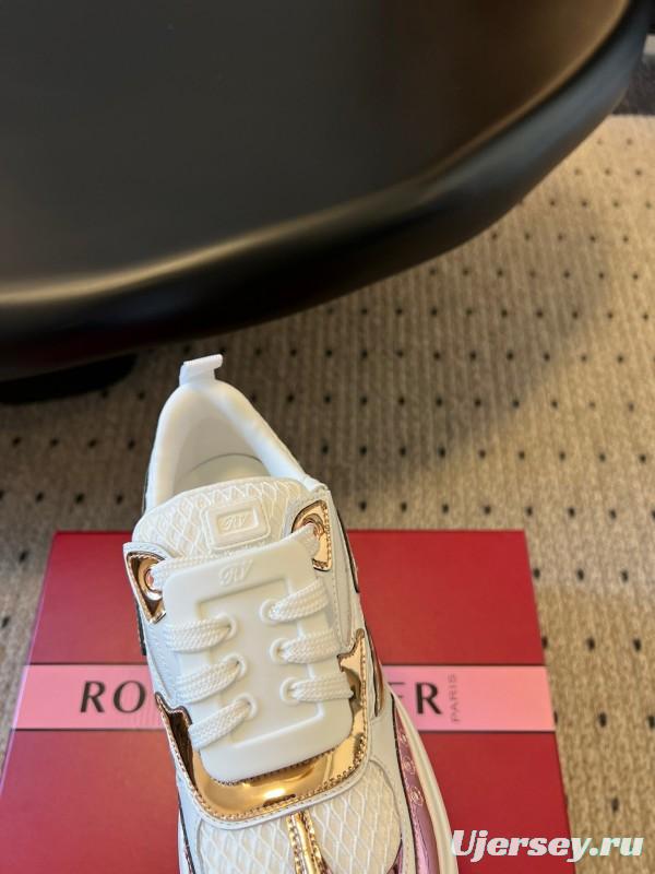 2025 Women Roger Vivier White Pink Leather Mesh Sneakers KFY00380
