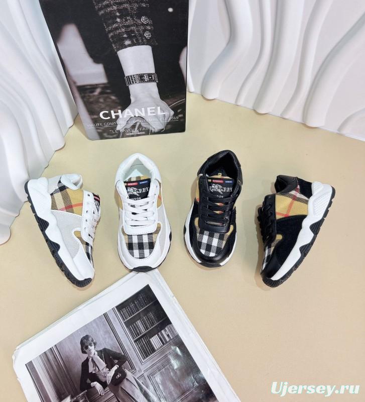 2024 Kids BURBERRY Beige White Black Leather Fabric Sneakers