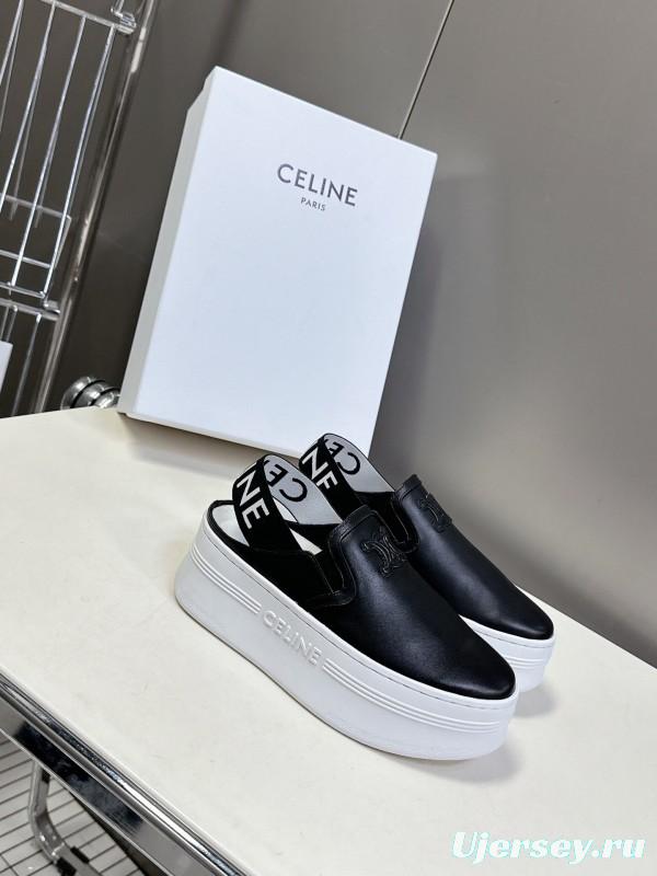 2025 Women CELINE Black White Leather Slip-On Sneakers LY00280