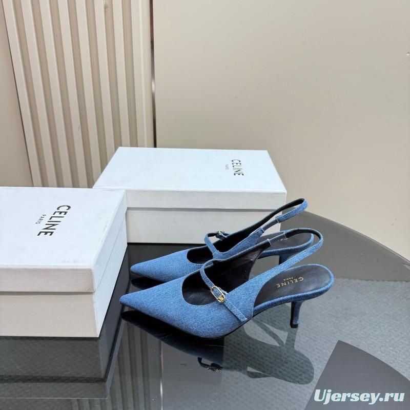 2025 Women CELINE Blue Denim Suede Slingback Pumps KFY00290