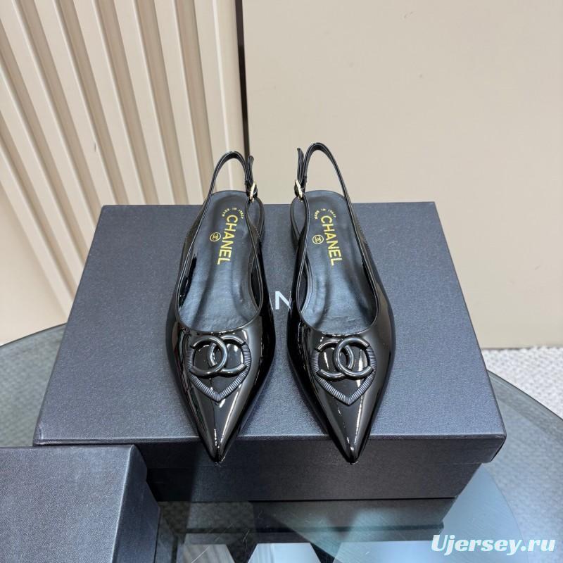 2025 Women Chanel Black Satin Leather Slingback Flats KFY00290