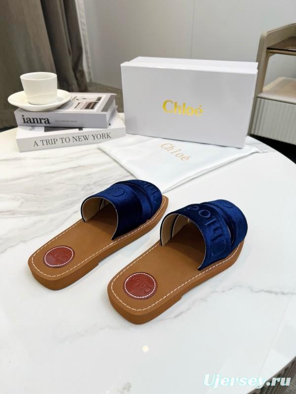 2025 Women Chloe Navy Velvet Slippers LY00200