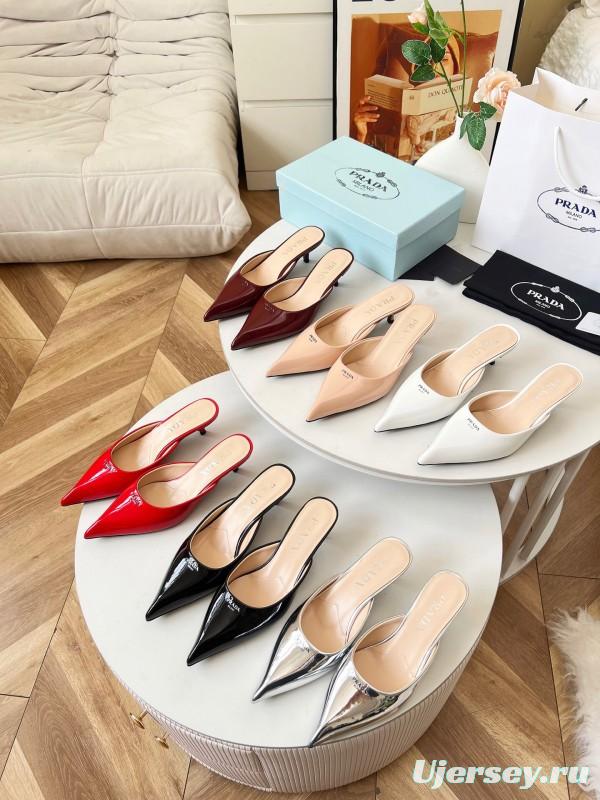 2025 Women Prada Red Patent Leather High Heel Mules LY