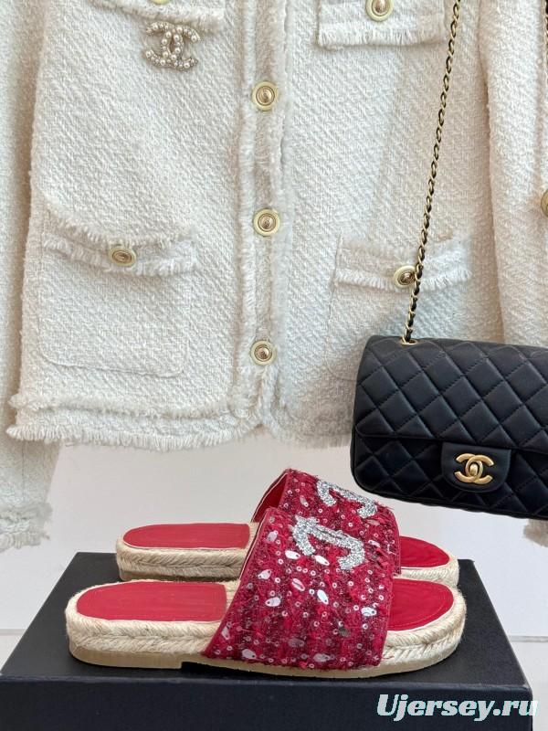 2025 Women Chanel Red Sequin Espadrille Slides Classic Craftsmanship KFY00240(F)