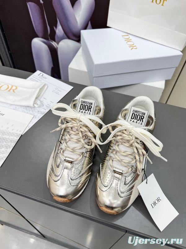 2025 Women Dior Silver Leather Suede Sneakers