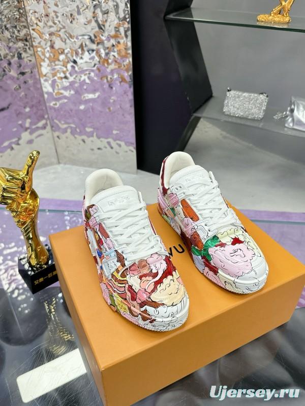 2024 Unisex Louis Vuitton White Pink Red Leather Canvas Sneakers Collaboration MJ00780