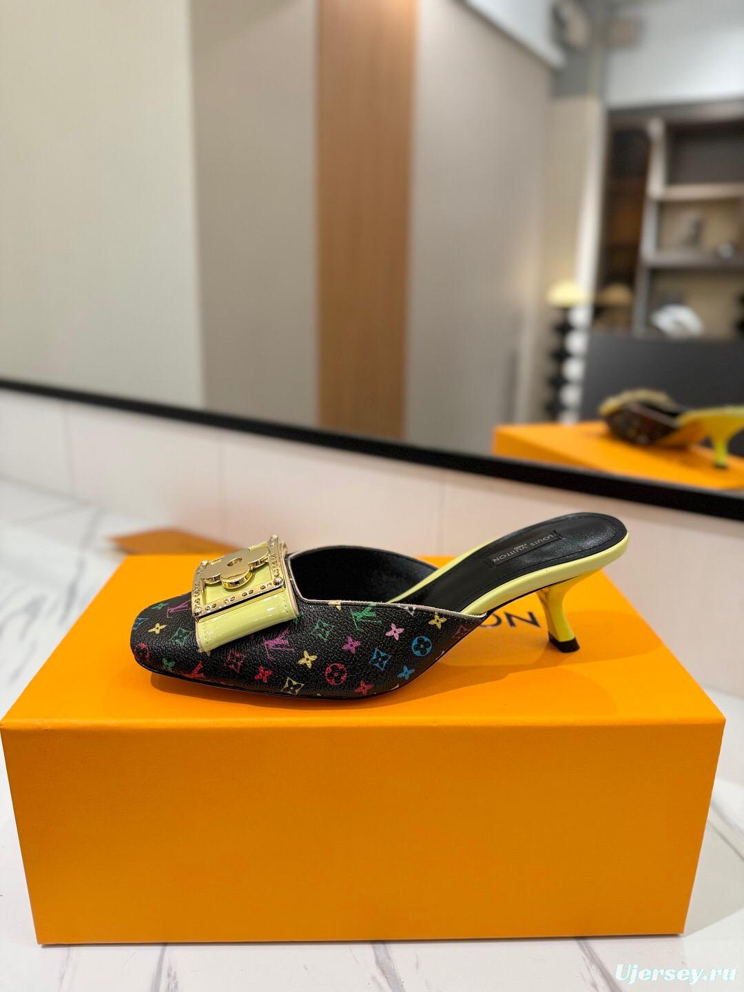 2025 Women Louis Vuitton Black Multicolor Canvas Leather Mules Buckle KFY00320