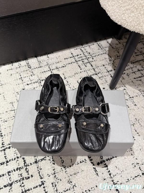 2025 Women Balenciaga Black Leather Ballet Shoes