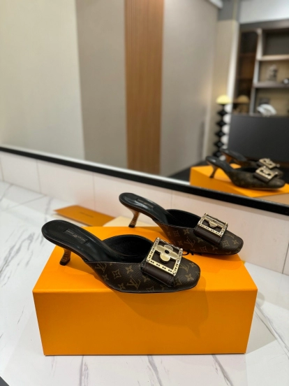 2025 Women Louis Vuitton Brown Leather Mules KFY00320
