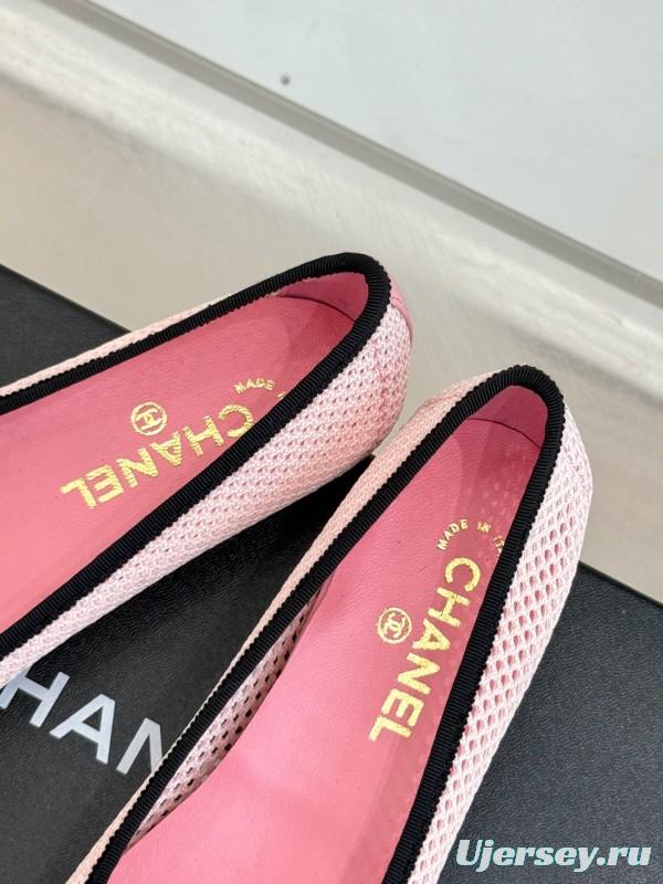 2025 Women Chanel Pink Black Mesh Ballet Flats KFY00260