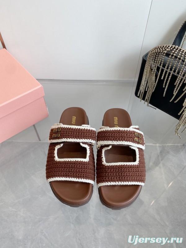 2025 Miu Miu Brown White Crochet Slippers KFY00290