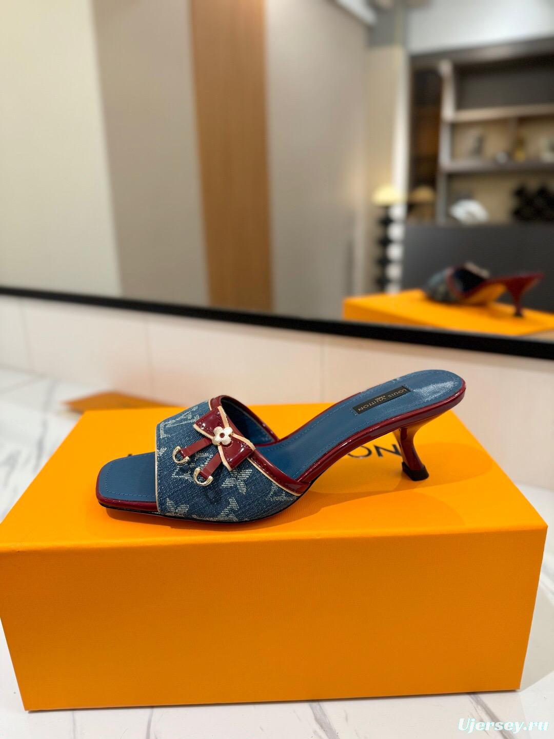 2025 Women Louis Vuitton Blue Denim Leather Mules