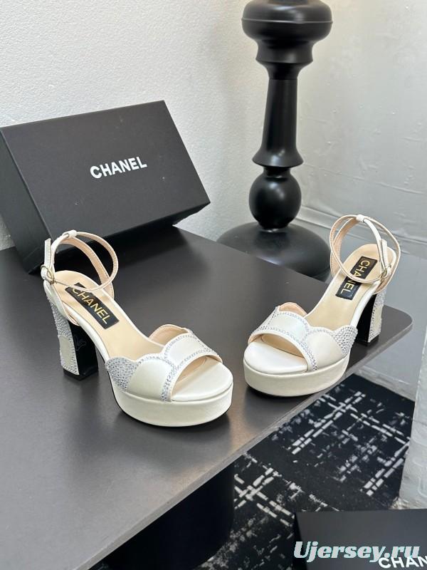 2025 Women Chanel White Leather Platform Sandals Beaded LY00320