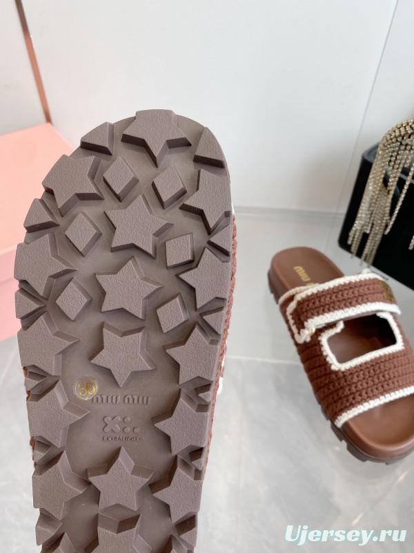 2025 Miu Miu Brown White Crochet Slippers KFY00290