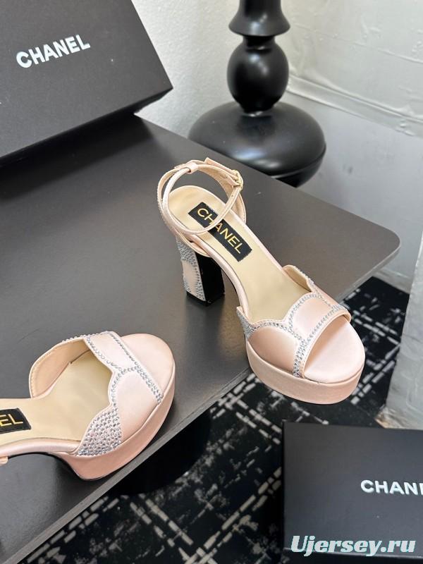 2025 Women Chanel Pink Satin Rhinestone Platform Sandals KFY00320
