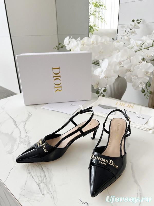 2025 Women Dior Black Patent Leather Slingback Heels KFY00310