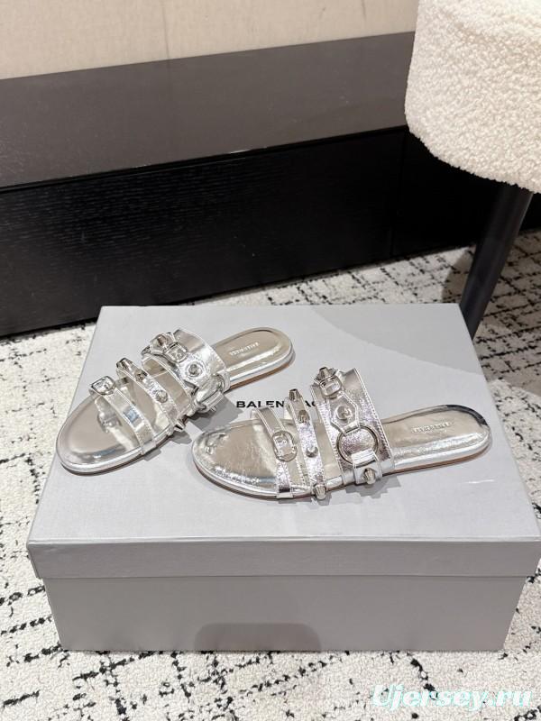 2025 Slippers Balenciaga Silver Leather Metal Buckle KFY00289
