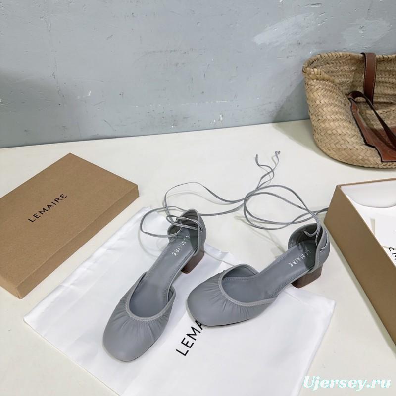 2025 Women LEMAIRE Light Grey Leather Mary Jane Block Heel KFY00300