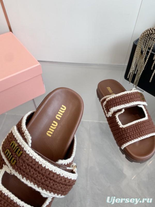 2025 Miu Miu Brown White Crochet Slippers KFY00290
