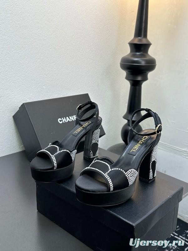 2025 Women Chanel Black Fabric Leather Rhinestone Platform Sandals KFY00320