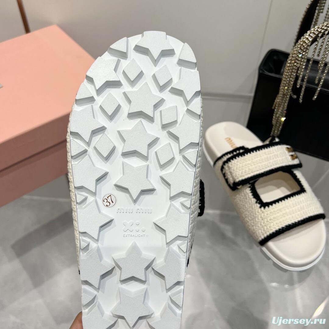 2025 Miu Miu White Black Knitted Leather Slippers KFY00290